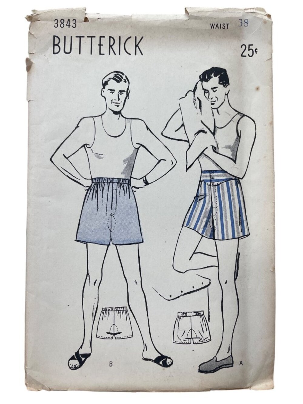 Vintage 40s Butterick 3843 Sewing Pattern Waist 38 Men’s Boxer Shorts Retro CUT